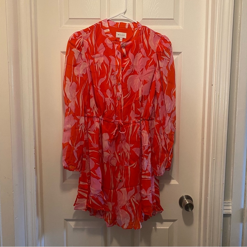 MILLY Reina Parrot Tulip Dress – Coral Multi / Red & Pink Floral Print - Picture 3 of 11